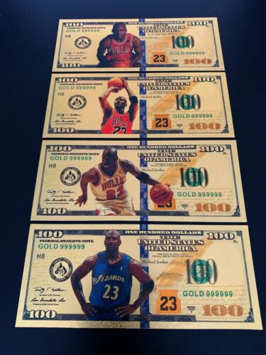 Michael Jordan  Basketball Gold Foil Notes/Souvenir Cards Set (4) -free shipping - Afbeelding 1 van 2