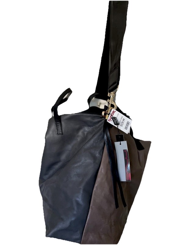 INNUE Leather Tote/X Body Handbag L/Color Block Beige & Dark Grey Made In Italy