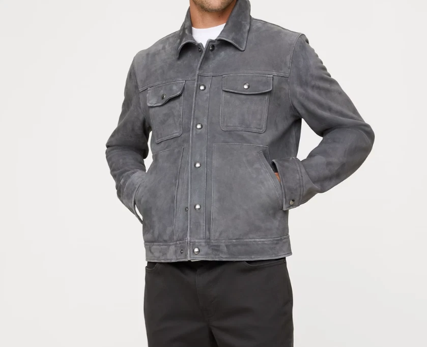 Men Gray Pure Suede Leather Jacket Slim Fit Trucker Jacket Custom Size S M L XL