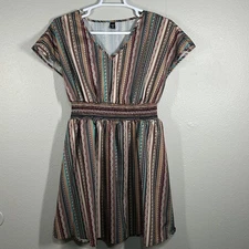 SHEIN Curve Dress Womens 1XL Smocked Waist V-Neck Tribal Stripe  Short Sleeve