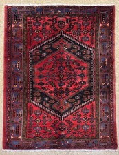 Vintage Zanjan Hand Knotted Tribal Geometric Black Wool Oriental Area Rug 5x7
