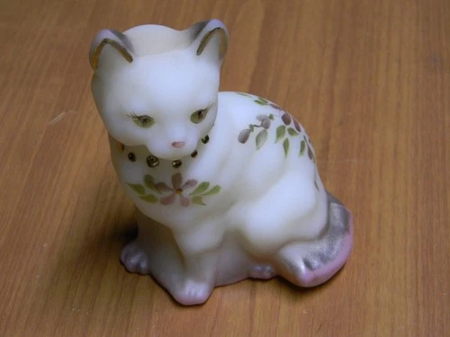 Vintage Fenton Hand Painted Glass Cat Figurine Floral Design Signed 3-1/2"