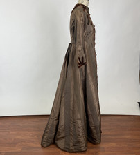Antique 1860s Brown Striped Silk Long Coat Jacket With Velvet Trim AS IS
