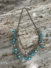 Blue Beaded Layered Fashion Necklace Adjustable Chain