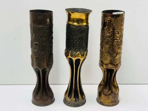 LOT OF 3: EARLY 1900’s ATQ EMBOSSED DECO AMMO SHELLS (VERDUN)