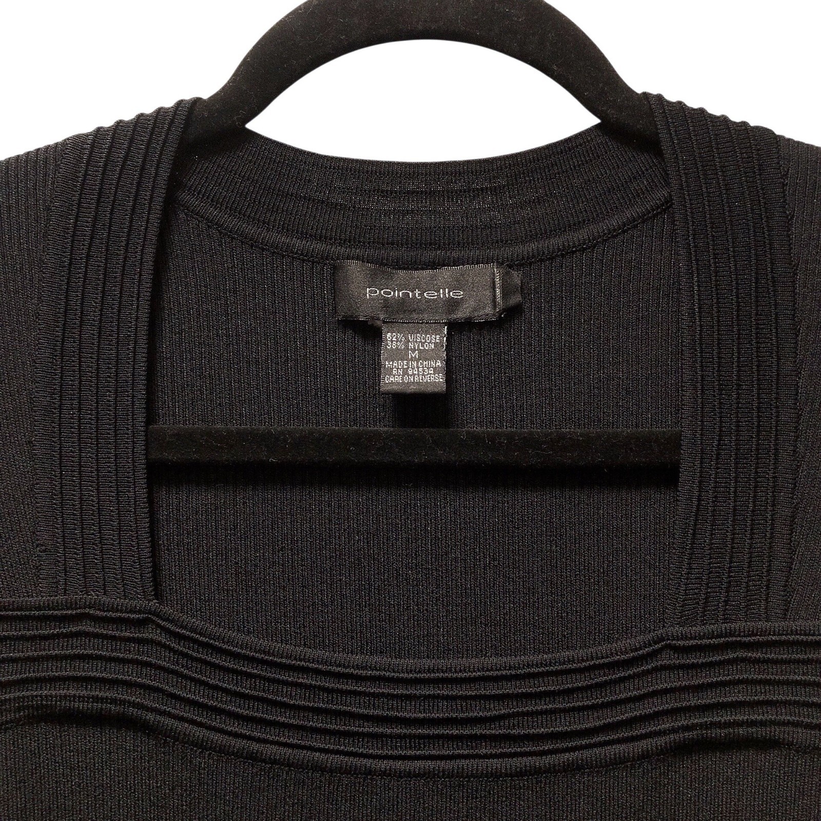 Pointelle Solid Black Square Neckline Ribbed Long… - image 4