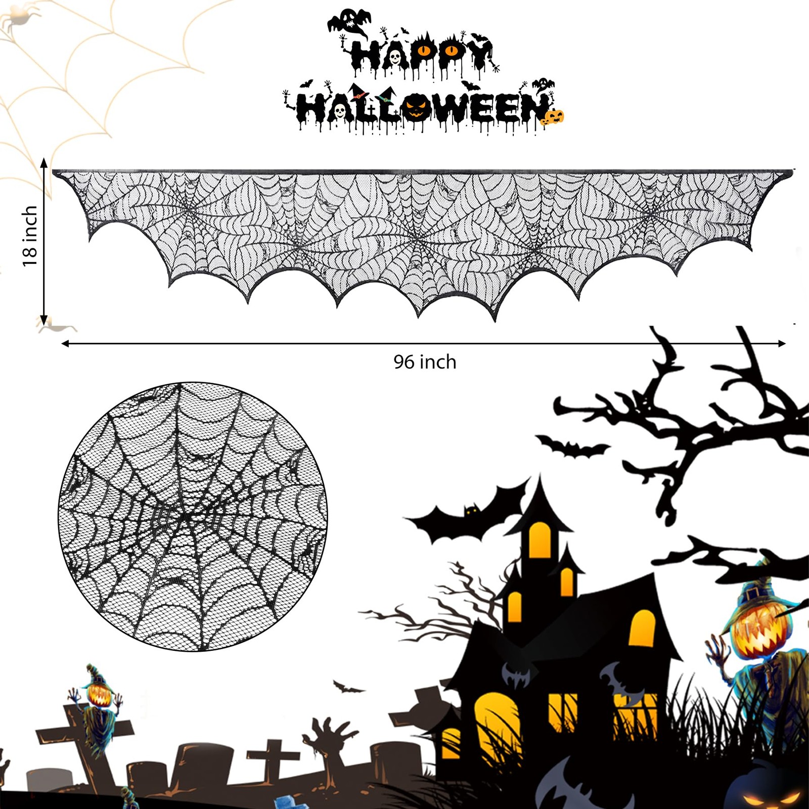 Halloween Fireplace Scarf, Black Lace Spiderweb Fireplace Mantle, Cobweb Fire...