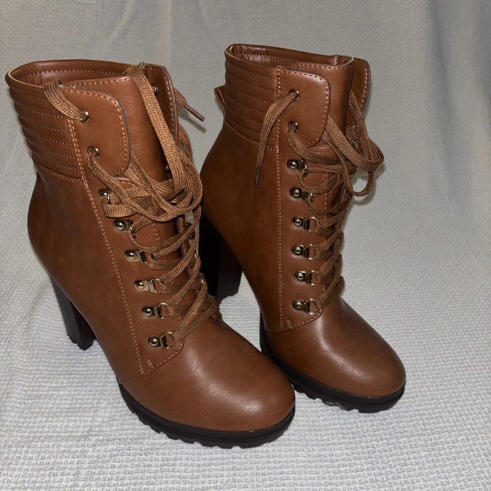 Shoe Dazzle 女式靴子 10 棕色人造皮革 Shandee 系带粗跟短靴 — 第 2/4 张图片