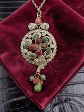 Vintage Root Ruby, Root Emerald Crystal, Silver Pendant Necklace Antique Style