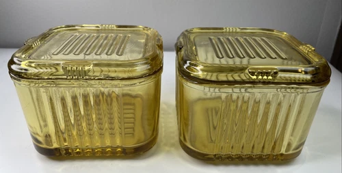 2 Vintage Federal Glass Square Amber Yellow Refrigerator Dishes 4”