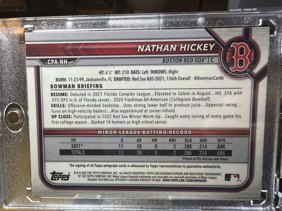 2022 Bowman Chrome -  Nathan Hickey #CPA-NH Yellow Refractor 01/75!!  - Image 3 of 3