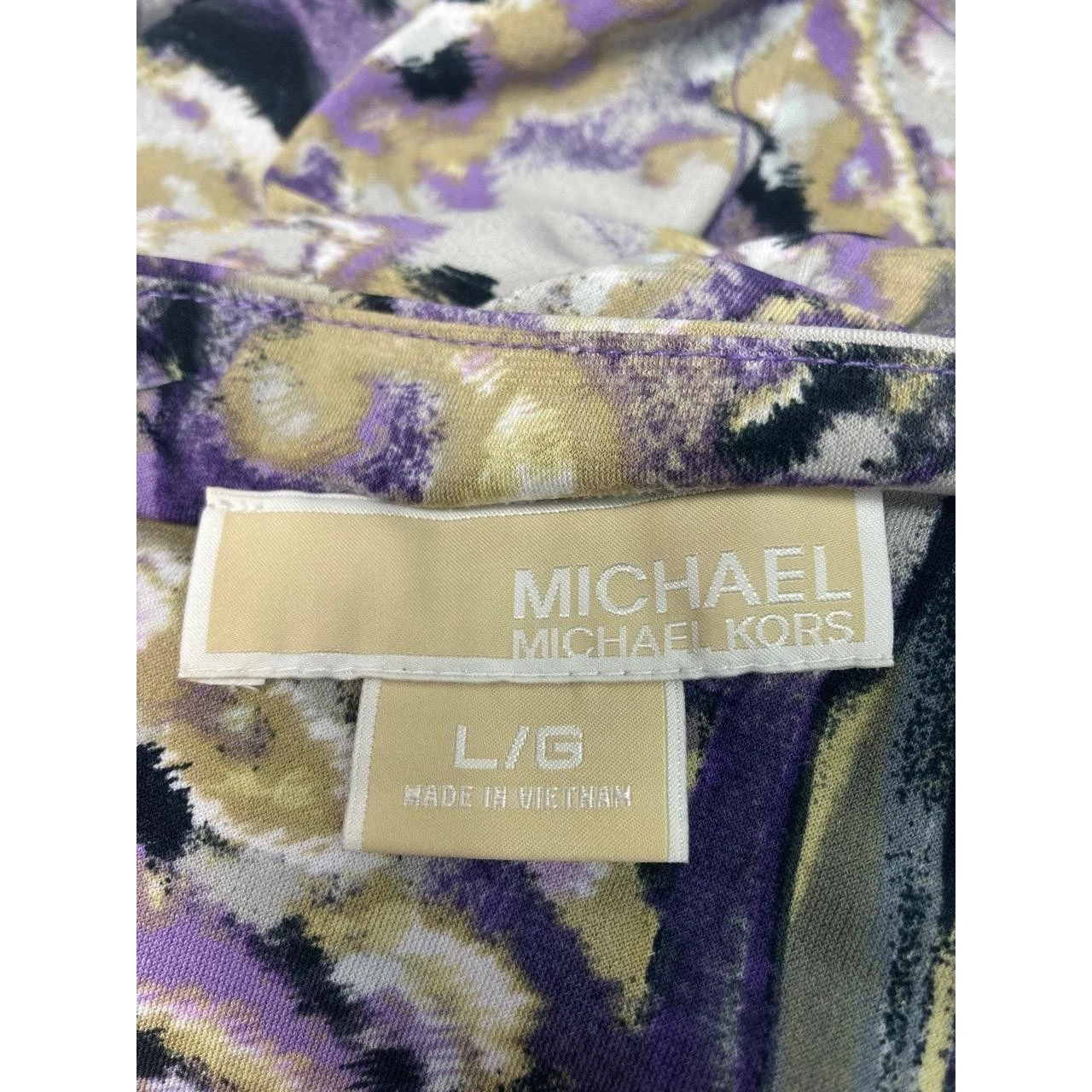 Abito smanicato grande Michael Kors stampa paisley viola grigio cuciture in vita
