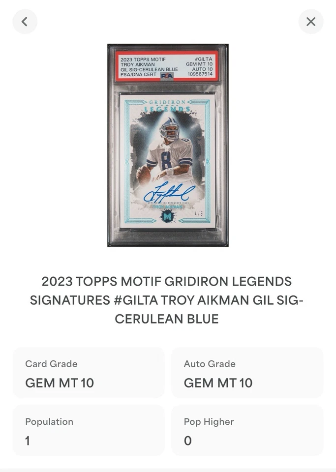 2023 TOPPS MOTIVO GRIDIRON LEGENDS FIRMAS TROY AIKMAN GIL SIG-AZUL CERÚLEO Foto 2 de 3