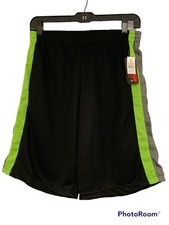 Boys BLACK ATHLETIC SHORTS Lime Green Accents BREATHABLE MESH Pockets XL 16-18