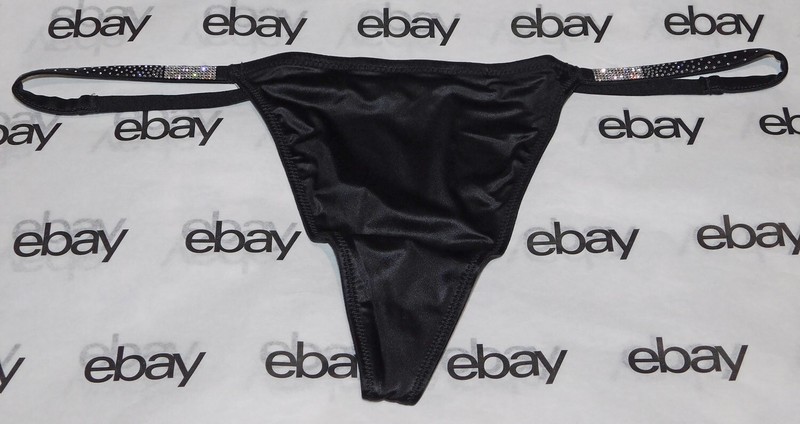 NEW Victoria's Secret Very Sexy Satin V-String Panty Thong Black Crystals XL VS