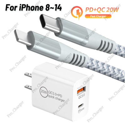 For iPhone 14 13 12 11 X XR 8 20W Wall Adapter QC Charger PD Fast Charging Cable
