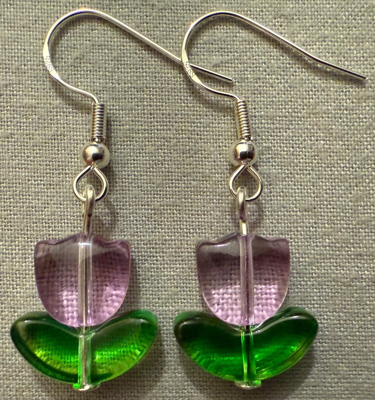 PURPLE TULIP FLOWER GLASS BEAD EARRINGS with Sterling Silver Ear Wires #1