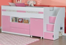 Pink Midsleeper Bed With Stairs - Desk Storage Staircase - White Pink or Blue