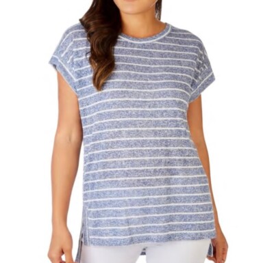 Bobeau Denim Blue White Stripe Short sleeves High Low Shirt Classic Tops Casual
