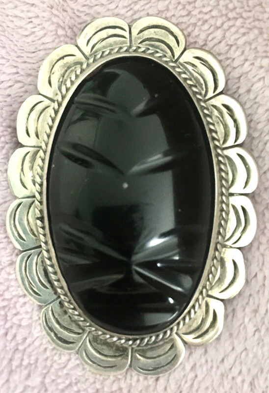 Vintage PLATA Sterling Silver Black Onyx Scarab Pin Mexican Oval Brooch 26 grams