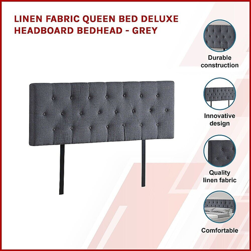 Linen Fabric Queen Bed Deluxe Headboard Bedhead Bedroom Furniture - Grey - Picture 3 of 12