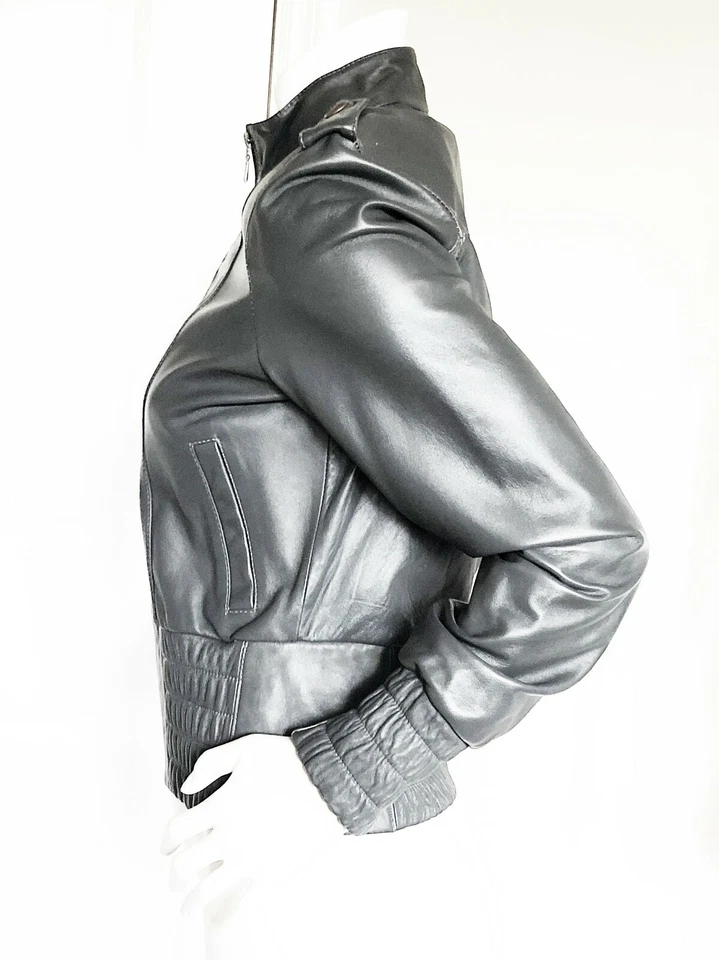 CHAQUETA CORTA DE CUERO DE CORDERO SUAVE PÓLVORA XCVI NUEVA SIN ETIQUETAS TALLA: M Foto 4 de 4