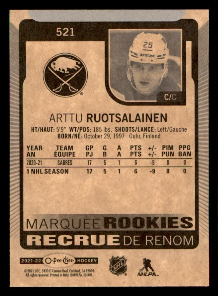 2021-22 O-Pee-Chee #521 Arttu Ruotsalainen RC - Image 2 of 2