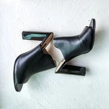 SZ 9.5 US BLACK LEATHER OPEN TOE/BACK BLOCK HEELS MULES SHOES  French Connection