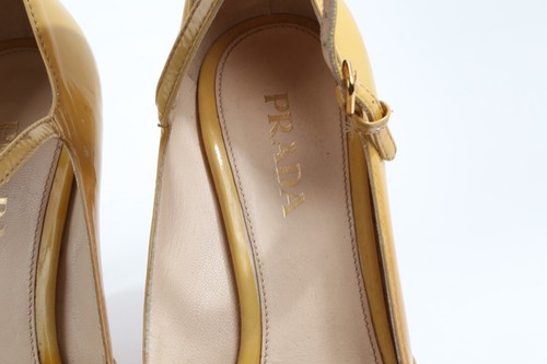 PRADA Beige Patent Leather Peep Toe Buckle Strap Heels Size 36.5 - Picture 10 of 16
