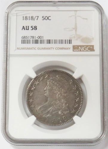 1818/7 OVERDATE SILVER CAPPED BUST SMALL 8 HALF DOLLAR NGC AU 58
