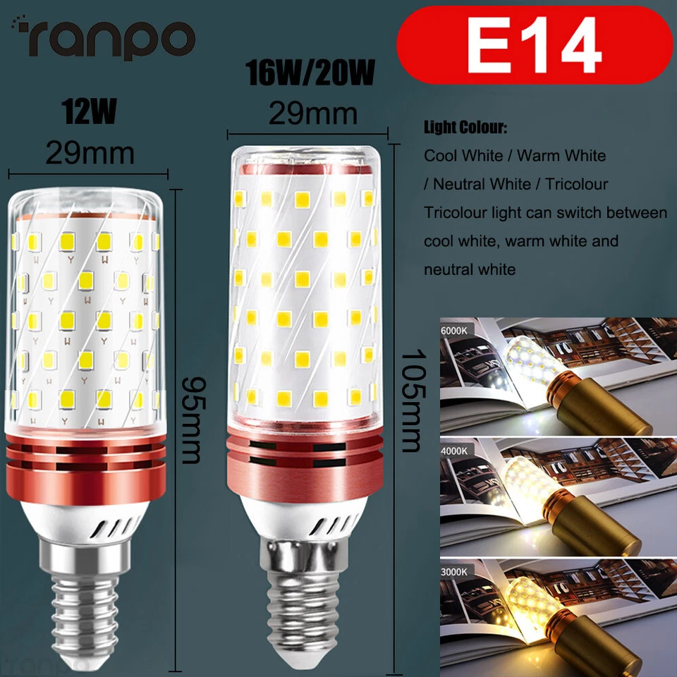 LED-Mais-Glühbirnen E14 E27 Schraubsockel 12W 16W 18W 220V dreifarbige Dimmung - Bild 2 von 4