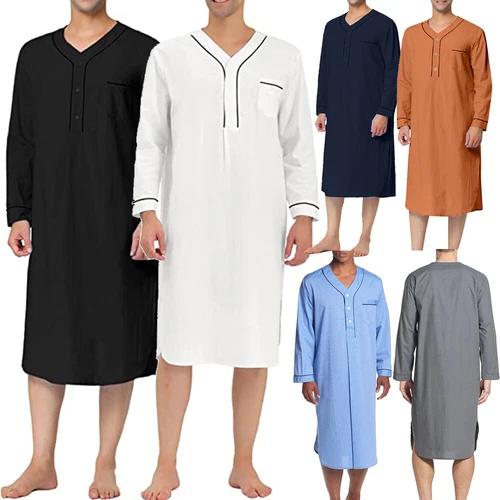 Herren Baumwolle Nachthemd Langarm Locker Lang Schlafshirt Pyjama Nachtwäsche Kleid - Bild 2 von 41