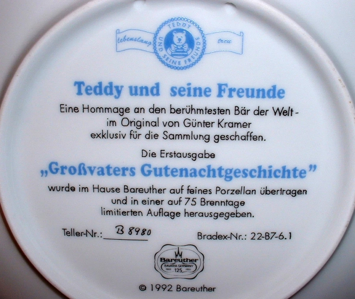 Teddy und seine Freunde 1. Bradex Sammelteller = Großvaters GUTENACHTGESCHICHTE