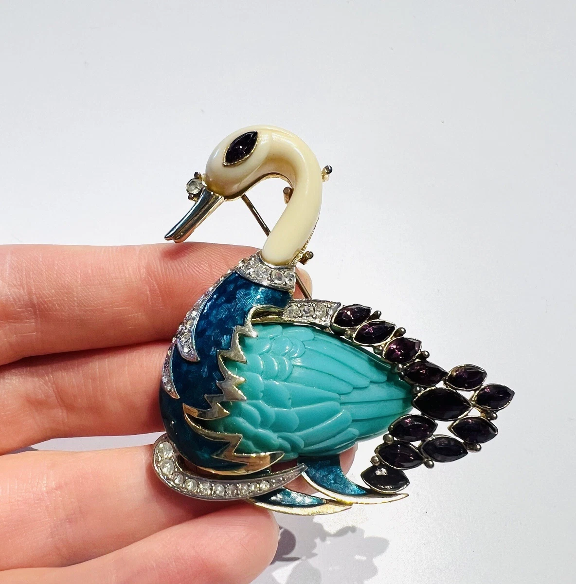 Vintage Hattie Carnegie Green Enamel Resin Purple Crystal Swan Brooch