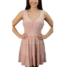 NEW IN VERY J Dress Women Med Pink Linen Blend Tiered Summer Lined Cottagecore