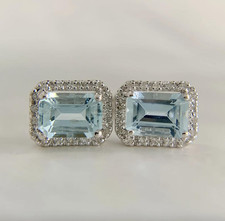 3Ct Emerald Cut Lab-Created Aquamarine Halo Stud Earrings 14K White Gold Plated