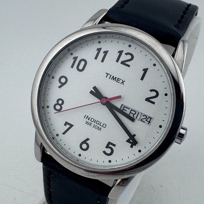 Timex Indiglo Quartz Watch Men 30m Silver Leather Easy Read Day Date New Battery