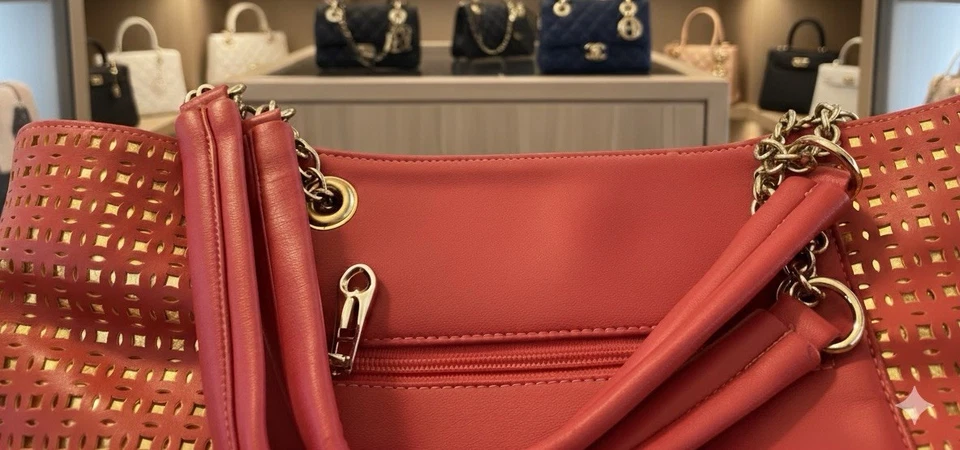 Vintage DHGate YSL Tote bag, Taffy Red With Gold Cutouts - Image 3 of 4