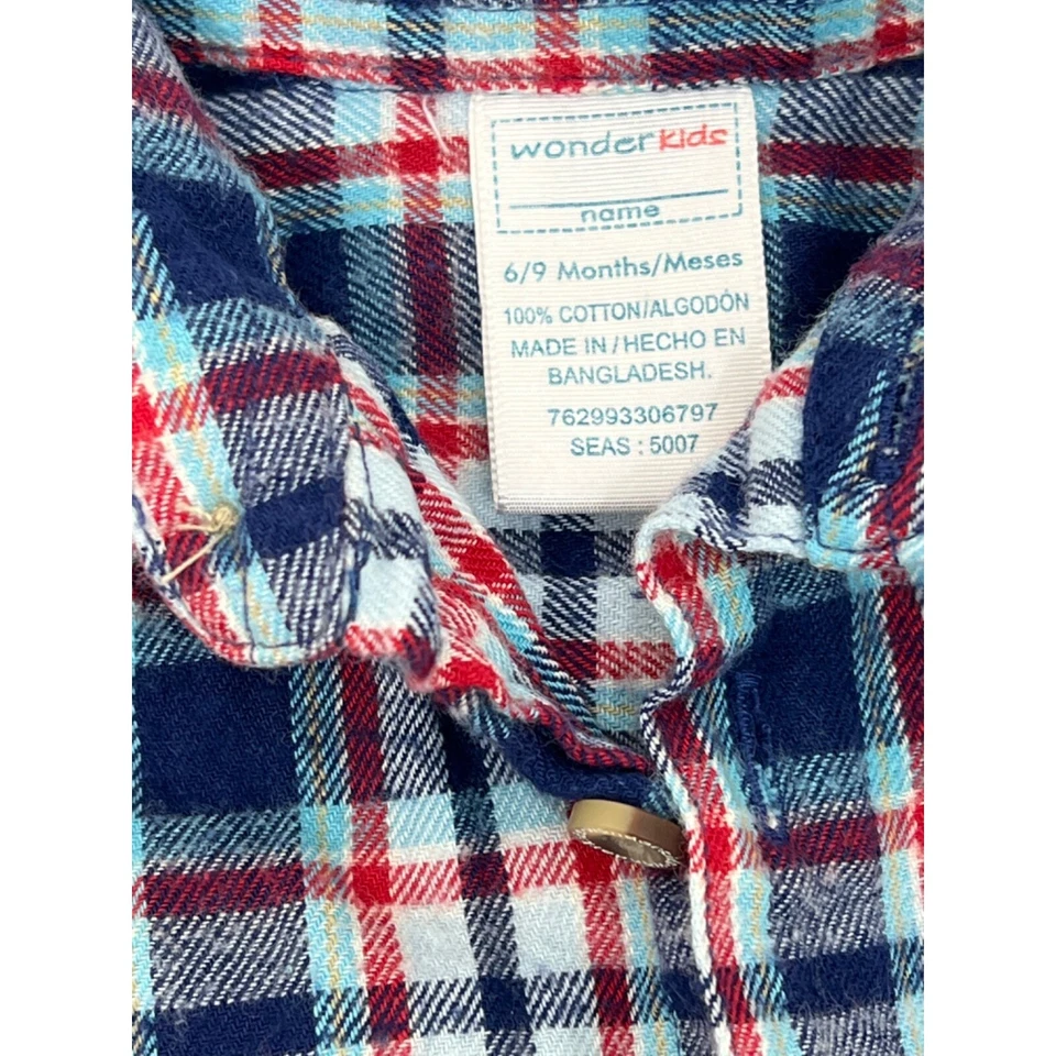 Wonder Kids Shirt Blue Red Navy Plaid Button Front Long Sleeve Boys 6/9 Months - Image 2 of 4