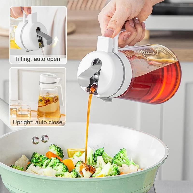Glass Oil Dispenser Bottle with Auto Flip Cap – Leakproof Kitchen Container