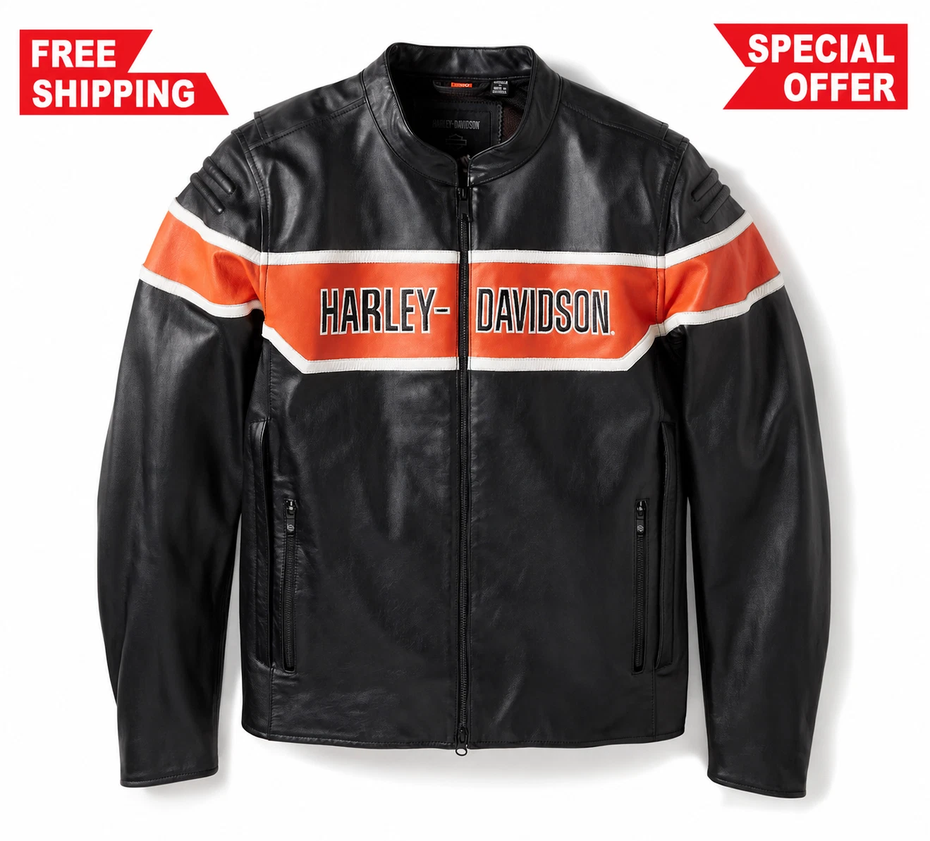Harley-Davidson Men’s Leather Jacket Black Orange Stripe Biker Riding Zip Coat
Opens in a new window