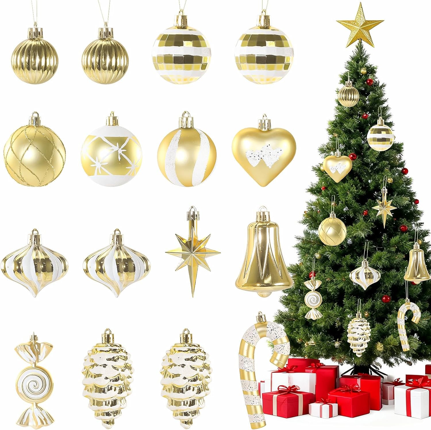 Christmas Ornaments, 16Pcs Gold and White Christmas Ornaments Set with Hanging S