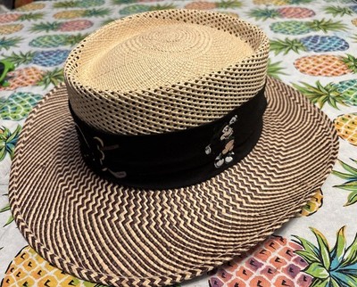 Walt Disney World Straw Hat Adult size with Mickey Head fabric band around hat Disney Mickey Mouse Style Straw Short Brim Boater Hat - With  main image 3