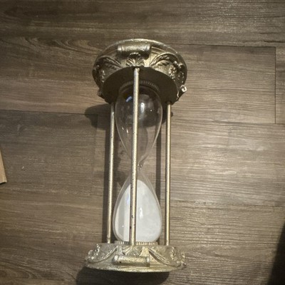 Vintage Large Decorative Metal & Glass Hourglass, Gold/Clear/White Floral