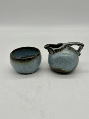 Vintage Frankoma Mini Ball Creamer And Open Sugar Blue/Brown MCM