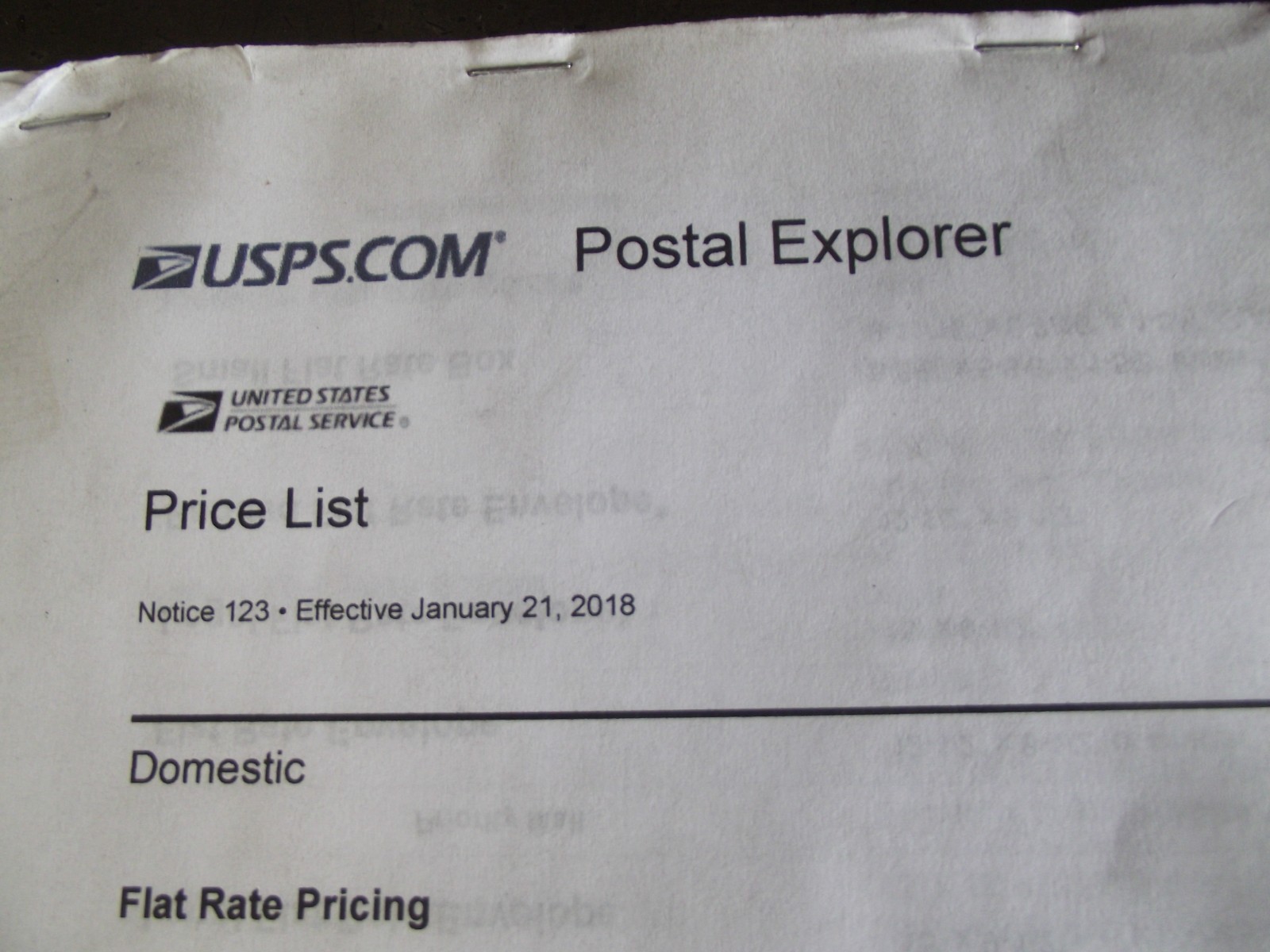 Postal Explorer Box USPS Printed Postal Explorer Price List Notice 123 - 1/21/2018 - 124 ...