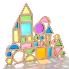 WOODENFUN Wood Building Blocks Set for Kids, 32 Pcs Rainbow Stacker Stacking Gam