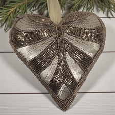 Silver Matte Sequin & Beaded Puffy Heart Hang...