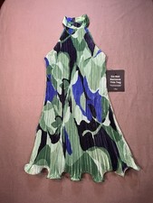Lulus Womens S High Neck Halter Dress Green Floral Pleated Knee Length NWT
