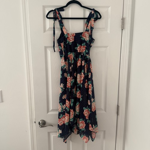 NWT ModCloth XXS Navy Floral Gingham Print Tie Strap Sleeveless Dress Midi - Picture 6 of 8